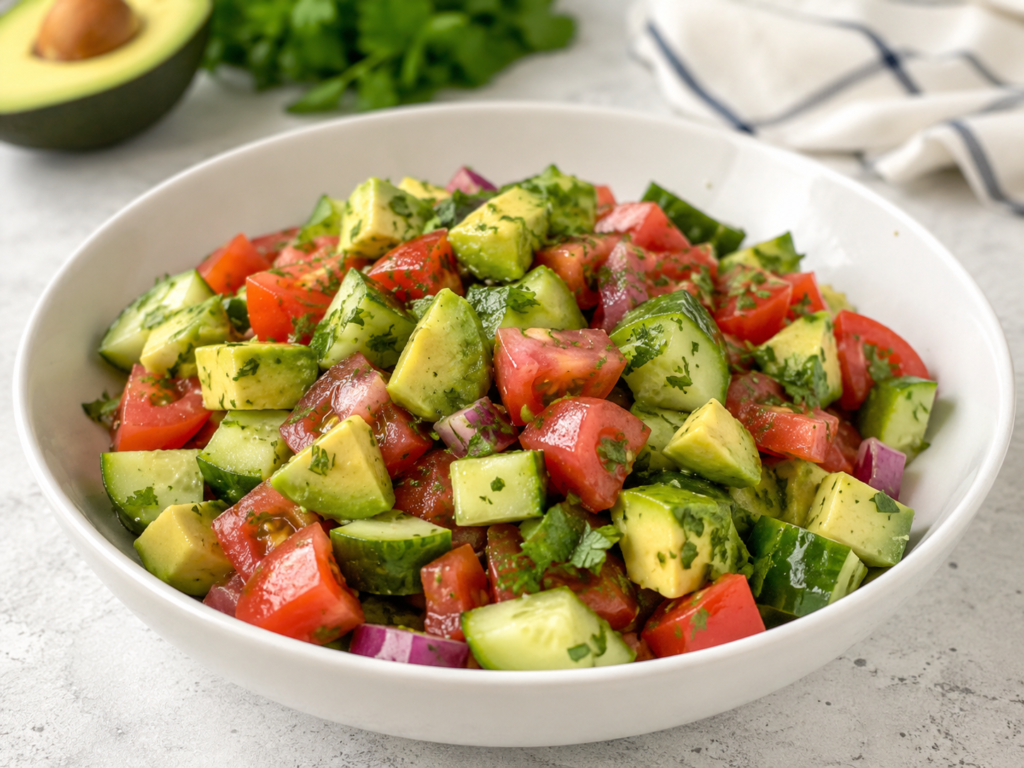 Cucumber tomato avocado salad with red onion and fresh herbs